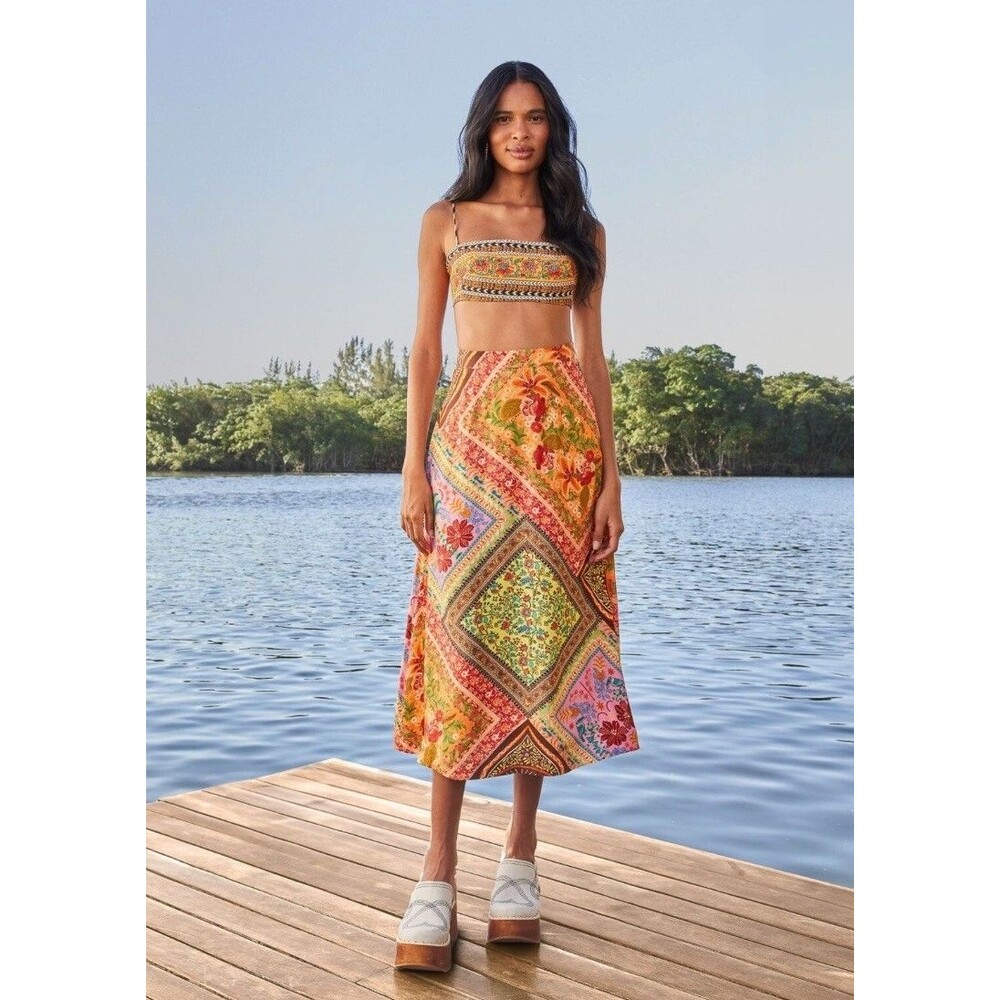 FARM RIO Mixed Scarves Satin Midi Slip Skirt 318032 Bandana Boho Print XXS NEW
